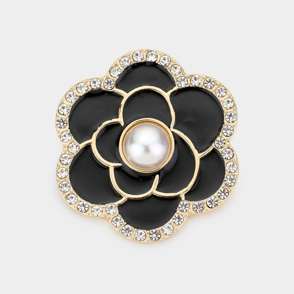 Black Gold Pearl Camellia Flower Brooch Pin Womens Cute Statement Accessories